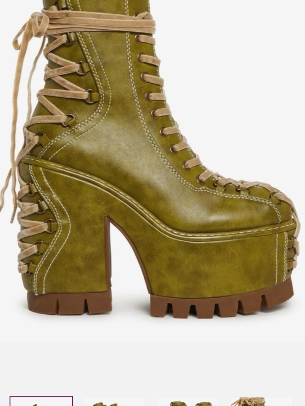 Dolls Kill Olive Green Platform Lace-Up Boots with Tan Laces